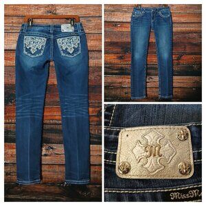 Miss Me Jeans 29 Signature Skinny Low Rise Embellished Blue Denim Stretch